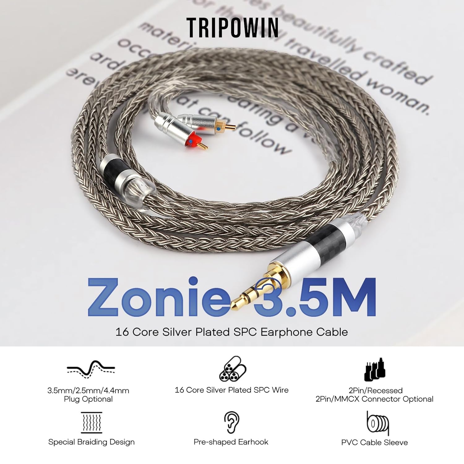 Zonie 16 Core Silver Plated Cable SPC Earphone Cable for KZ ZSX, ZSN Pro, ZS10 Pro Nf2U, QDC Iems(Qdc-2.5Mm, Grey)